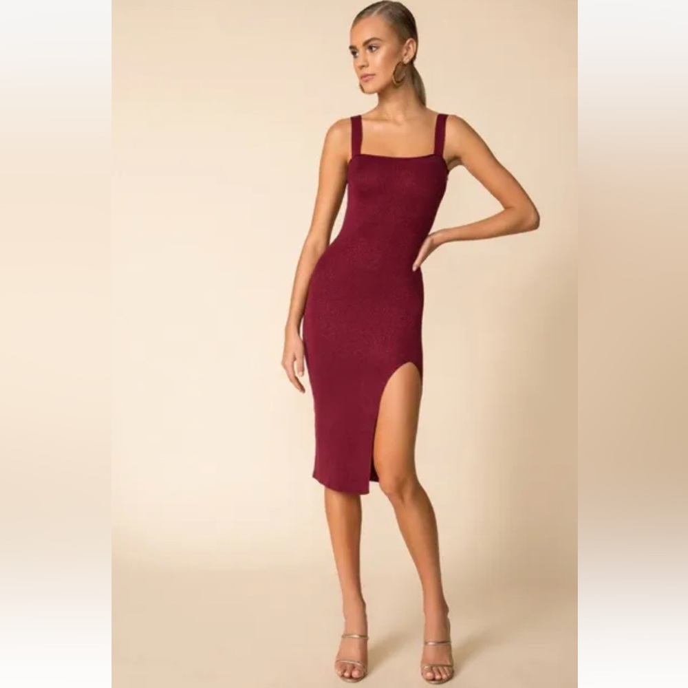 Superdown Zoe Square Neck Dress Metallic Burgundy Red Lurex